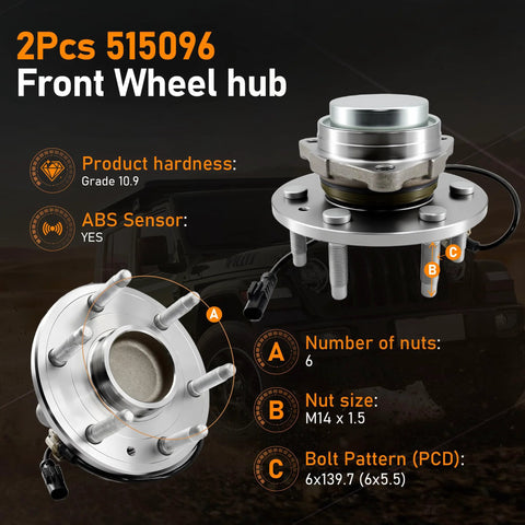 2Pcs 515096 Front Wheel Hub with ABS for GM vehicles, showing 6-lug design, ABS sensor, and product details.