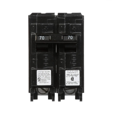 Front view of 70 Amp Double Pole 240 Volt Type QPH Circuit Breaker With 22kA Interrupting Rating, Easy Plug In Connection For Enclosures