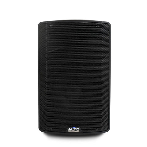 Front view of TX412 700W 12 Inch Powered PA Speaker With TWS Bluetooth And 2 Channel Mixer for outdoor performances and events.