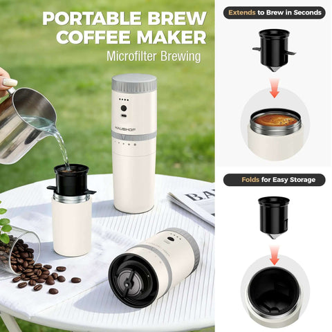 All In One Portable Coffee Maker With Built In Burr Grinder And Pour Over Filter For Travel Car Camping And Home Get Fresh Ground Coffee On The Go Anywhere In Minutes showing pour-over brewing process.