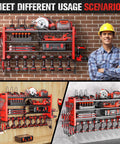 Beefed Up Heavy Duty Wall Mounted Power Tool Organizer With Charging Station For 10 Cordless Drills 4 Tier Tool Rack And 6 Outlet Power Strip Durable Steel Construction Red, displayed in garage with tools stored.