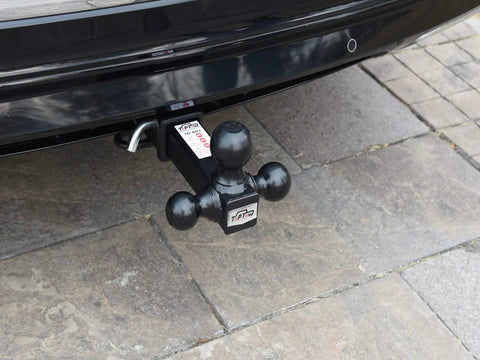 Tri Ball Hitch Mount For 2 Inch Receivers with 1-7/8 Inch, 2 Inch, and 2-5/16 Inch black tow balls installed on vehicle