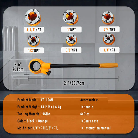 Heavy Duty Ratchet Pipe Threader Kit With Six NPT Dies One Quarter Inch Three Eighths Inch One Half Inch Three Quarters Inch One Inch And One And A Quarter Inch Threading Dies Durable 9SiCr Steel Tool For Galvanized Iron Copper And Aluminum Pipes shown with handle and die sizes