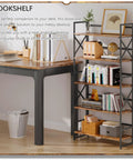 Dope Five Tier Folding Bookshelf Brings Hassle Free Assembly And Slick Industrial Vibes To Your Space Perfect For Bedroom Living Room Or Home Office With Super Sturdy Rustic Brown Shelving Units next to a desk with books and decor.