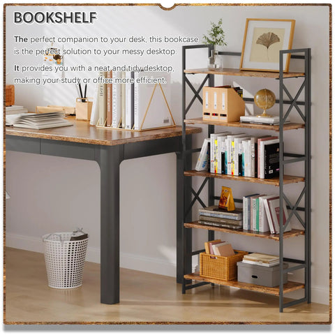 Dope Five Tier Folding Bookshelf Brings Hassle Free Assembly And Slick Industrial Vibes To Your Space Perfect For Bedroom Living Room Or Home Office With Super Sturdy Rustic Brown Shelving Units next to a desk with books and decor.