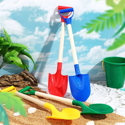 Eight Pack Kids Beach Shovels Set With 22 Inch Plastic Scoops And Wooden Handles in classic colors for outdoor play