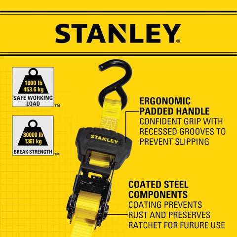 Heavy Duty 1 Inch By 14 Foot Ratchet Tie Down Straps With 3,000 Pound Break Strength And 1,000 Pound Safe Working Load