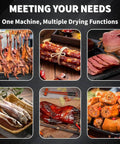 High Capacity Commercial Food Dehydrator With Stainless Steel Frame And 800 Watt Heater For Smoking Meat Jerky Drying Fruits And Vegetables Featuring Digital Timer And Even Heat Up To 195 Deg F For No Sweat Setup And Serious Smoke Sessions with various dried meats and fish.