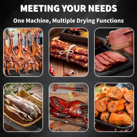 High Capacity Commercial Food Dehydrator With Stainless Steel Frame And 800 Watt Heater For Smoking Meat Jerky Drying Fruits And Vegetables Featuring Digital Timer And Even Heat Up To 195 Deg F For No Sweat Setup And Serious Smoke Sessions with various dried meats and fish.