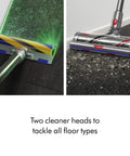 V15 Detect Cordless Vacuum Cleaner with smart dust detection and power trigger shown on hardwood and carpet floors with two cleaner heads