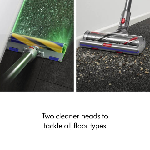 V15 Detect Cordless Vacuum Cleaner with smart dust detection and power trigger shown on hardwood and carpet floors with two cleaner heads