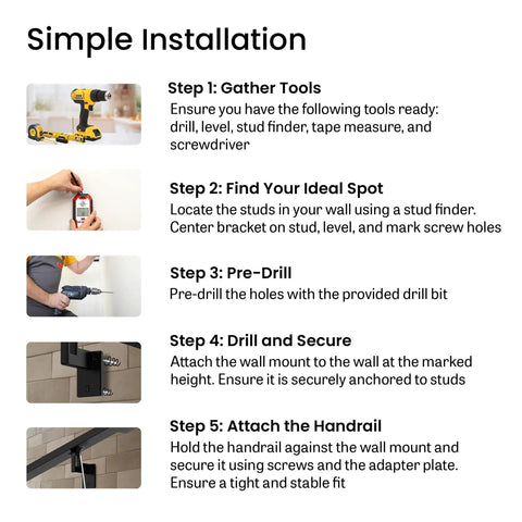 Simple installation steps for Heavy Duty Aluminum Stair Railing DIY Kit with tools and hardware instructions.