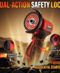 Cordless 3 Inch Angle Grinder Kit With Dual 16.8V 2000mAh Batteries showing dual-action safety lock feature