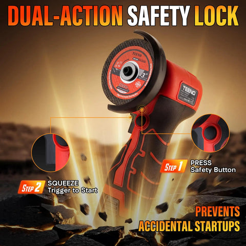 Cordless 3 Inch Angle Grinder Kit With Dual 16.8V 2000mAh Batteries showing dual-action safety lock feature