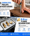 Nuts And Bolts Fastener Kit With Dual Storage Boxes 3334 Piece Assortment Including 1920 Stainless Steel Phillips Pan Head Screws And 1414 Grade 8.8 Hex Bolts For Pro Grade Jobs Covers Metric M3 To M8 And SAE Threads Like 6 32 8 32 10 24 1 Quarter Inch. Carbon steel Phillips pan head screws and 8.8 flange hex bolts for wood and automotive use.