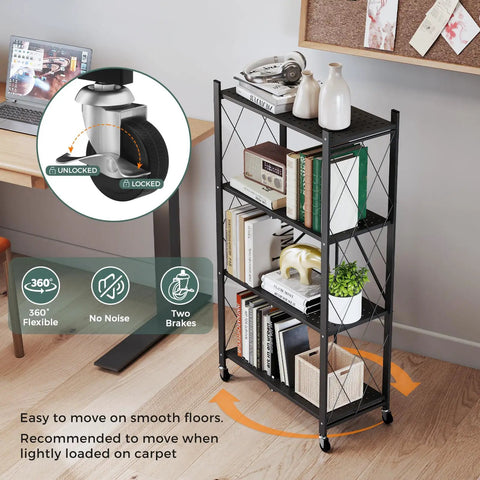 Four Tier Foldable Storage Shelves On Wheels With No Assembly, Pre Assembled Organizer Rack For Garage, Kitchen, Basement And Pantry, Ideal For Craft Fairs And Vendor Events, Black with locking casters