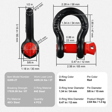 Half Inch D Ring Shackle 4 Pack Alloy Steel 17637 Lbs Break Strength Eight Ton With Five Eighths Screw Pin Heavy Duty Off Road Recovery Shackle Towing Accessory For Jeep And Truck Black detailed size chart