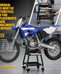 Beefed Up Heavy Duty Dirt Bike Stand With Wheels Universal Detachable Lift Panel Anti Slip Maintenance Stand holding blue dirt bike