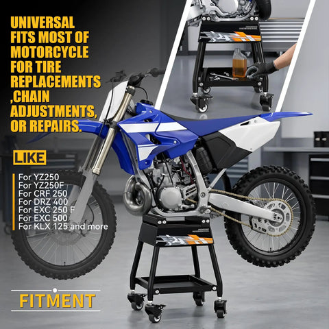 Beefed Up Heavy Duty Dirt Bike Stand With Wheels Universal Detachable Lift Panel Anti Slip Maintenance Stand holding blue dirt bike