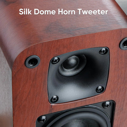 Close-up of silk dome horn tweeter on Powered Bluetooth Bookshelf Speakers With 40W Output, 2.75-Inch Woofer, Plug-And-Play Turntable Connection