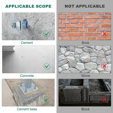 Image showing applicable materials for use with Five Eighth Inch Concrete Anchor Bolts, Six Inch Length, Ten Pack, including cement and concrete.
