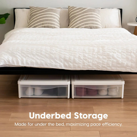 Under Bed Storage Bins Set Of Two, 22 Quart Stackable Organizer Containers With Sliding Drawers For Clothes Shoes Bedding In White, Durable Plastic, Easy Access, Space Saving Design For Dorms And Small Closets