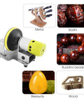 Rip Through Mini Electric Belt Sander And Abrasive Disc Grinding Machine With Seven Speed Control Beast Mode Motor Tough Stainless Steel Chassis Corded Power Supply Includes Twenty Grit Sanding Pads For Fast Wood Polish Work, shown with various materials like metal, beeswax, and wood.