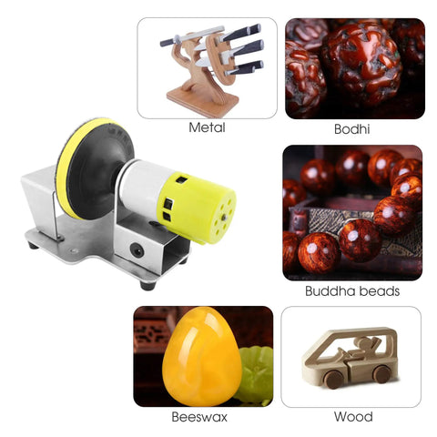 Rip Through Mini Electric Belt Sander And Abrasive Disc Grinding Machine With Seven Speed Control Beast Mode Motor Tough Stainless Steel Chassis Corded Power Supply Includes Twenty Grit Sanding Pads For Fast Wood Polish Work, shown with various materials like metal, beeswax, and wood.