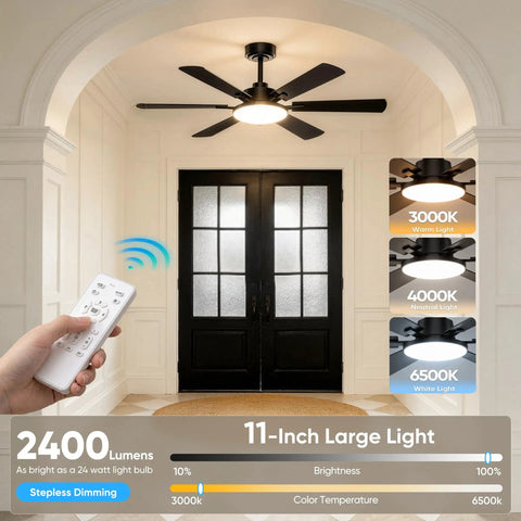 52 Inch Ceiling Fan With Lights Six Double Sided Blades Ultra Quiet Reversible DC Motor Remote And App Control in black