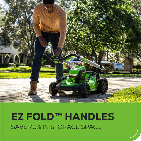 Person folding EZ Fold handles of 80V 21 Inch Self Propelled Cordless Lawn Mower With Brushless Motor LED Lights 4.0Ah Battery.