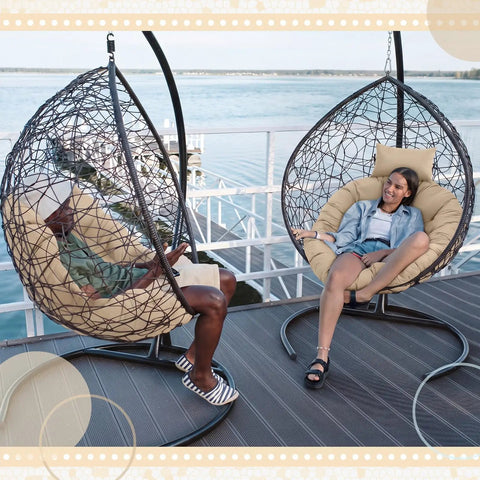 Beige Egg Chair Cushion Replacement 45x45 For Hanging Basket Hammock Swing Waterproof Pad With Headrest on patio
