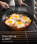 Preseasoned Carbon Steel Frying Pan 10 Inch Skillet With Removable Silicone Handle, Built to Last, cooking eggs and sausages