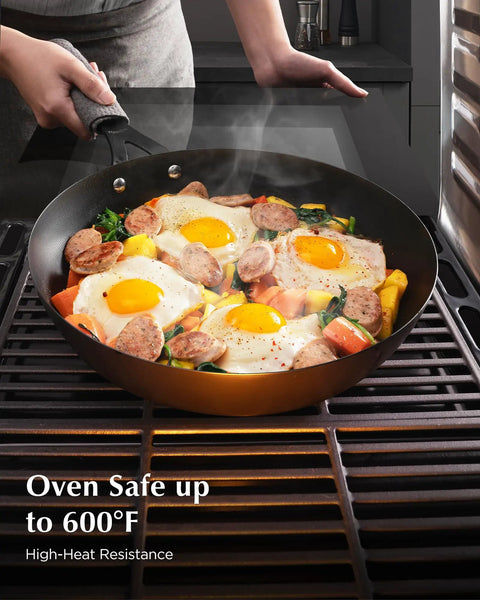 Preseasoned Carbon Steel Frying Pan 10 Inch Skillet With Removable Silicone Handle, Built to Last, cooking eggs and sausages