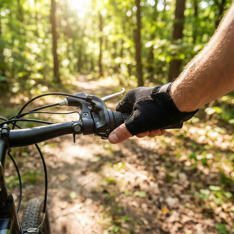 Cyclist using 7 Speed Twist Shifter Lever For MTB And Folding Bikes With Ergonomic Grip And Crisp Shifts on forest trail.