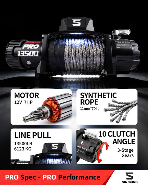 Pro Series 13500 Lb 12V Electric Winch With Synthetic Rope, 2 In 1 Wired And Wireless Remote, IP67 Waterproof, 7 HP Motor, Heavy Duty Recovery For Jeep SUV Truck And Trailer shown with 13500 lb capacity