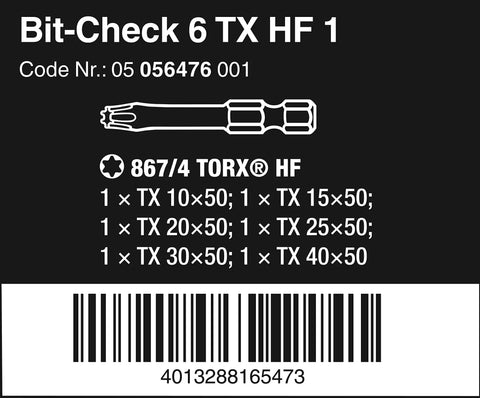 Label of Torx HF Power Bit Set With Holding Function showing sizes and barcode.