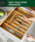 No Drama Heavy Duty Bamboo Kitchen Drawer Organizer And Wide Cutlery Tray For Killer Silverware Storage with deep slots and expandable dividers.