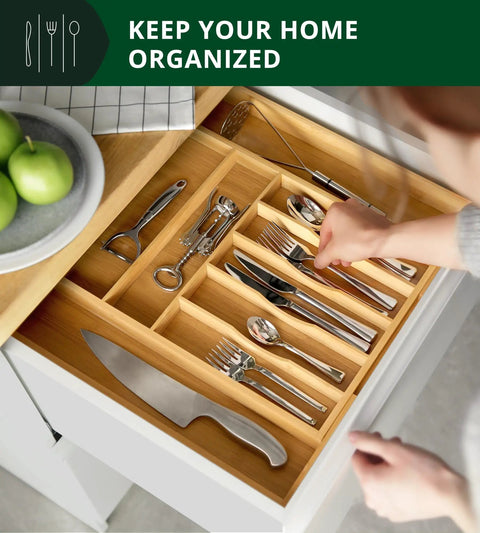 No Drama Heavy Duty Bamboo Kitchen Drawer Organizer And Wide Cutlery Tray For Killer Silverware Storage with deep slots and expandable dividers.