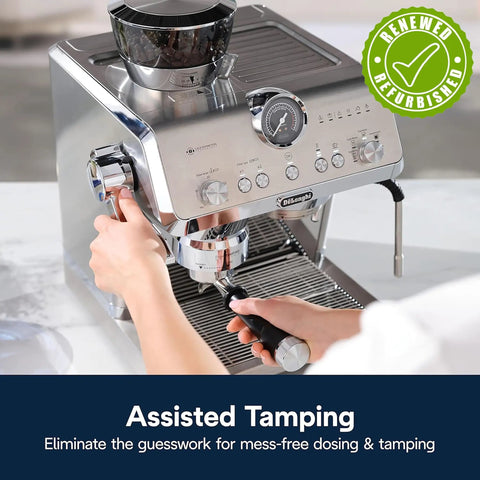 La Specialista Opera Espresso Machine With Cold Brew Built In Grinder 15 Settings For Single Or Double Dose Barista Level Steam Wand Delivers Smooth Micro Foam For Lattes And More EC9555M Renewed being used with assisted tamping