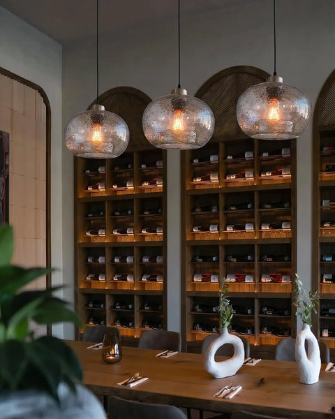 Bottom Line Quality Clear Marble Glass Pendant Lights 2 Pack Hand Blown Globe Hanging Lamp For Kitchen Island over dining table.
