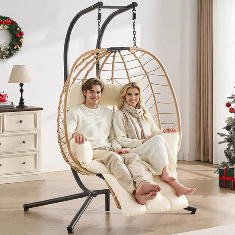 Two Person Egg Chair With Adjustable Footrest And Stand For Outdoor And Indoor Use Rattan Hammock Swing Loveseat in a living room