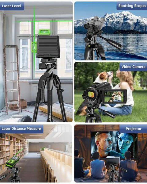 Ultimate Laser Level Tripod With 56 Inch Extendable Height For Line And Point Lasers One Quarter Inch And Five Eighth Inch Thread Mount Quick Release Plate Multi Function Hook Non Skid Feet Ideal For Laser Distance Measures And Cameras TPD14 with laser level and camera mounted