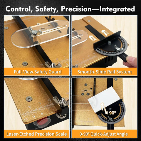 Ultra Compact Mini Table Saw For Crafters And DIYers With Dual Switch Safety 7 Speeds Up To 200W Multifunction Cutter features.