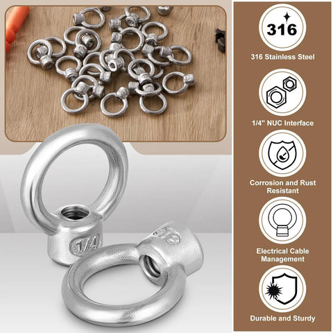30 Pack Lifting Eye Nuts 1 4 Inch UNC Marine Grade Stainless Steel 316L Ring Shaped Eye Bolts for Heavy Duty Rigging