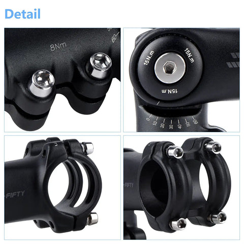 Close-up of Beefy Adjustable Alloy Bike Stem With 0 To 60 Degree Riser For One And One Eighth Inch Steerer Tube 31.8 Mm Handlebar