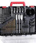Do It All Drill Bit Set And Driver Bits Kit With Case 100 Pieces for Metal Wood Concrete and Masonry, shown open with contents