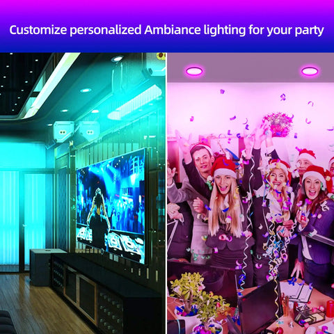 ZigBee 3.0 Smart Retrofit Recessed Lighting 5", RGBWW LED Downlight 3 Pack in vibrant party setting and home lighting.