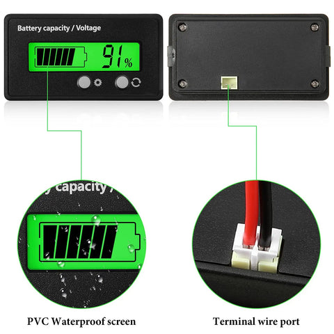 Golf Cart Battery Meter With Alarm And Front Button And Switch Key Settings 12V To 84V Voltage Indicator Gauge For Li Ion And Lead Acid Batteries Easy Read Display Backlight Toggle Sleep Mode Battery Capacity Readout, waterproof screen and terminal port