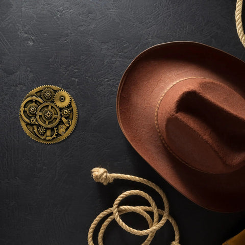 Handcrafted 3d Steampunk Gear Pewter Belt Buckle For Men And Women beside a brown cowboy hat and rope.