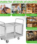 Seven In One Platform Trolley With Cage For Industrial Material Storage Built To Haul Fully Adjustable Design Converts Into Five Sided Cage Cart Four Sided Fence Cart Market Trolley Three Sided Fence Cart Double Sided Cart Dual Handle Platform Truck, silver-gray wire cage